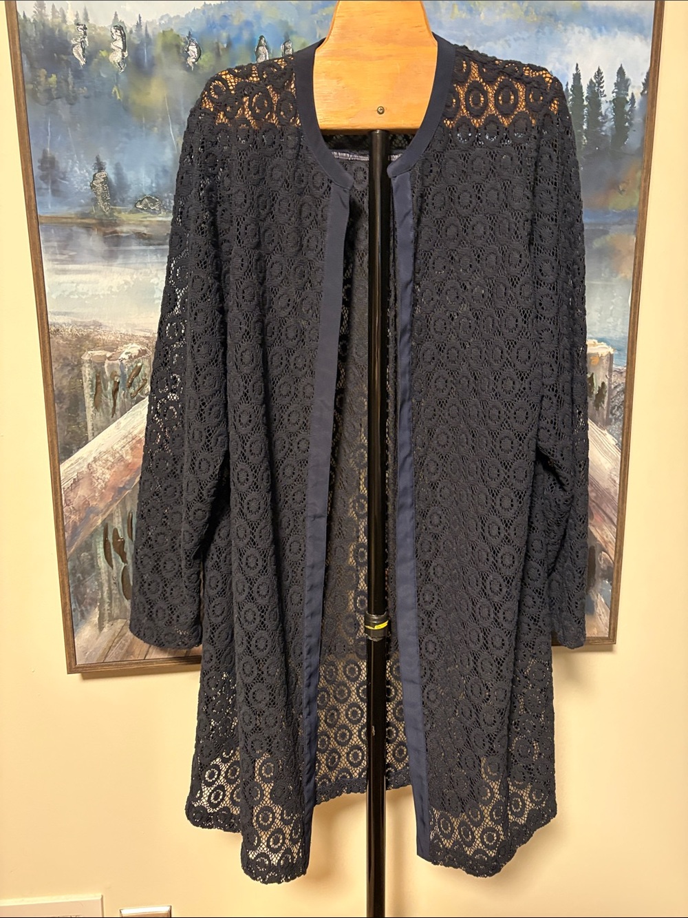 Alfani Navy Crochet Open-Front Cardigan